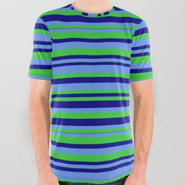 [ Thumbnail: Cornflower Blue, Lime Green, and Blue Colored Striped/Lined Pattern All Over Graphic Tee ]