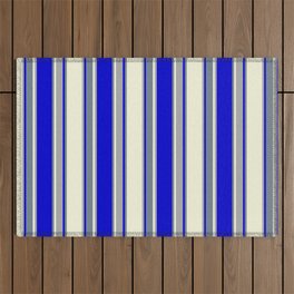 [ Thumbnail: Beige, Dark Grey, Blue, and Slate Gray Colored Pattern of Stripes Outdoor Rug ]