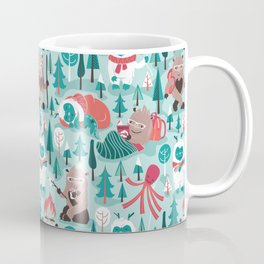 Besties // aqua background white Yeti brown Bigfoot teal and mint trees red and coral details Coffee Mug