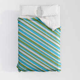 [ Thumbnail: Deep Sky Blue, Lavender, and Green Colored Lined Pattern Comforter ]