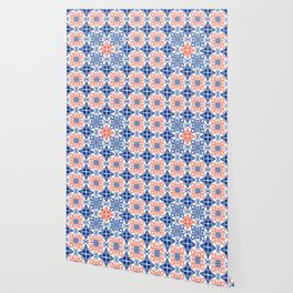 Cheerful retro Modern Kitchen Tile Pattern Red and Navy Blue Wallpaper