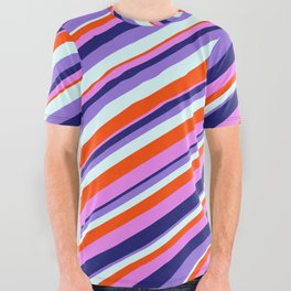 [ Thumbnail: Colorful Red, Violet, Midnight Blue, Purple, and Light Cyan Colored Lined Pattern All Over Graphic Tee ]