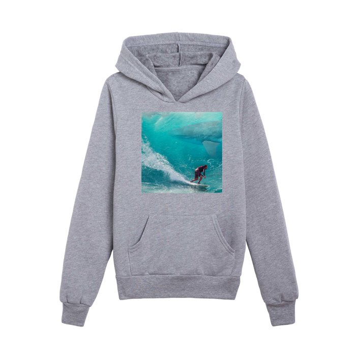 Surfing With Monster Sharks Kids Pullover Hoodie
