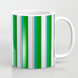 [ Thumbnail: Vibrant Tan, Dark Cyan, Green, Lavender & Black Colored Striped/Lined Pattern Coffee Mug ]