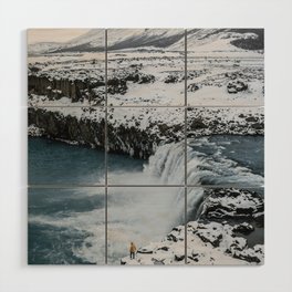 Waterfall in Icelandic highlands during winter with mountain - Landscape Photography Wood Wall Art