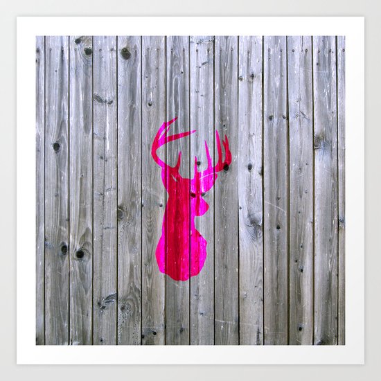Bright Pink Hipster Vintage Deer Head Gray wood Art Print