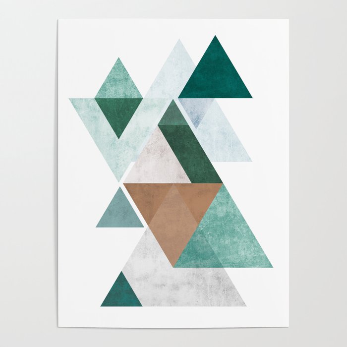 Geometric triangles with texture | Green, blue, grey and brown colored Poster
