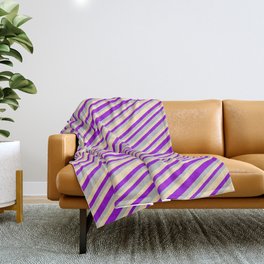[ Thumbnail: Dark Violet, Grey, and Beige Colored Striped Pattern Throw Blanket ]