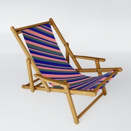 [ Thumbnail: Light Coral, Dark Slate Gray & Blue Colored Striped/Lined Pattern Sling Chair ]