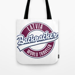 Latvia backpacker world traveler logo. Tote Bag
