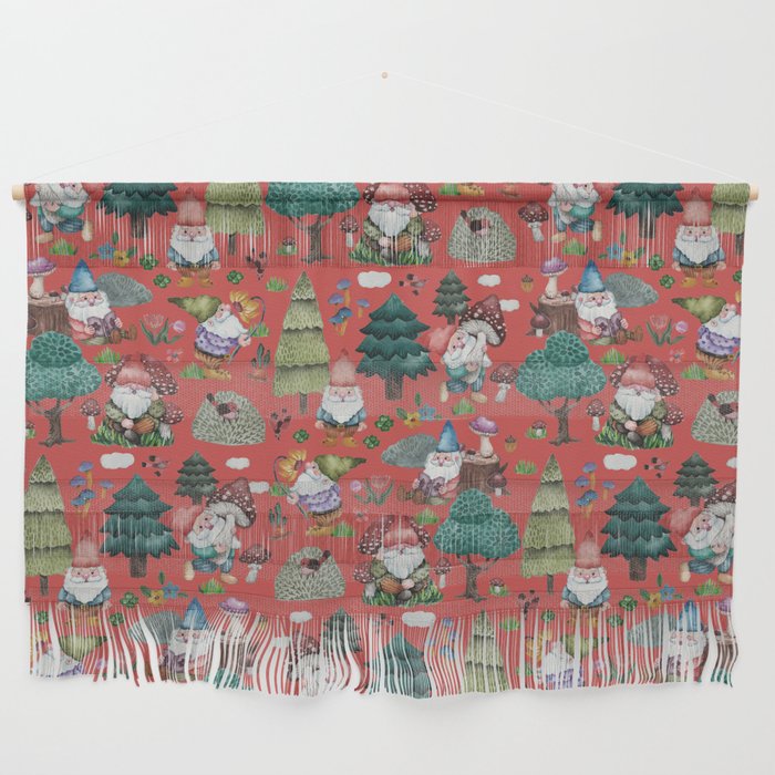 Gnomes mushroom forest - red Wall Hanging