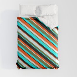 [ Thumbnail: Colorful Cyan, Black, Red, Light Cyan & Dark Olive Green Colored Pattern of Stripes Comforter ]