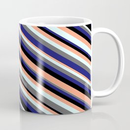 [ Thumbnail: Vibrant Black, Light Salmon, Light Cyan, Dim Gray, and Midnight Blue Colored Lines Pattern Coffee Mug ]