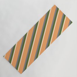 [ Thumbnail: Vibrant Dark Olive Green, Bisque, Brown, Gray, and Dark Blue Colored Striped Pattern Yoga Mat ]