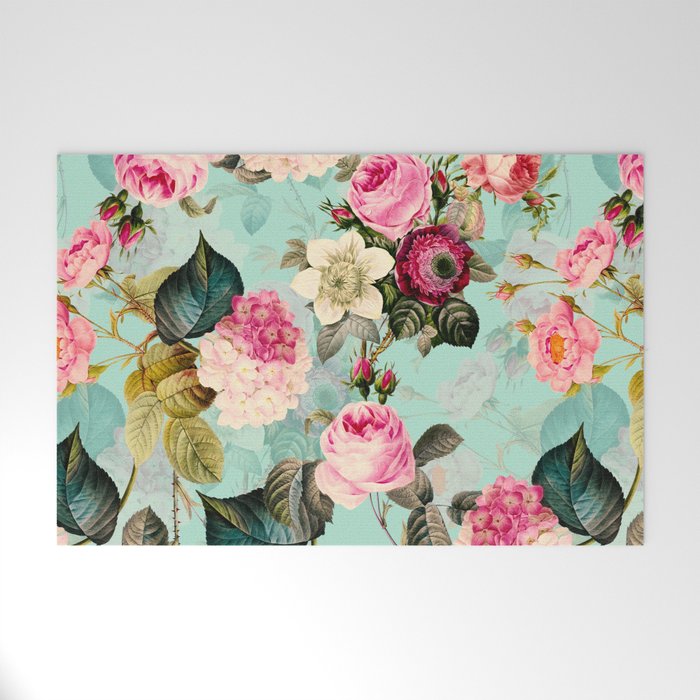 Vintage & Shabby Chic - Summer Teal Roses Flower Garden Welcome Mat