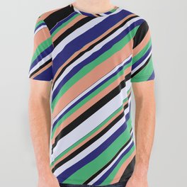 [ Thumbnail: Eyecatching Sea Green, Dark Salmon, Black, Lavender & Midnight Blue Colored Lines/Stripes Pattern All Over Graphic Tee ]