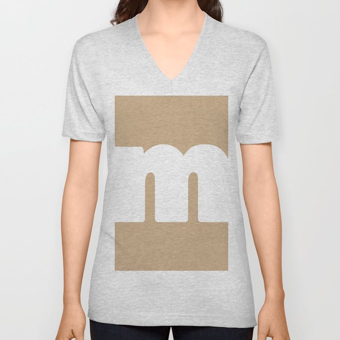 m (White & Tan Letter) V Neck T Shirt