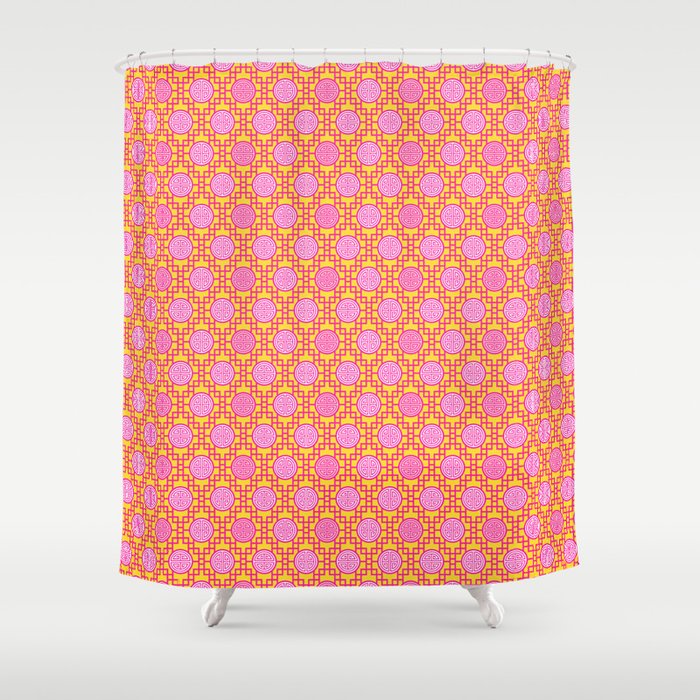 Chinese Geometrics Pink Yellow Shower Curtain