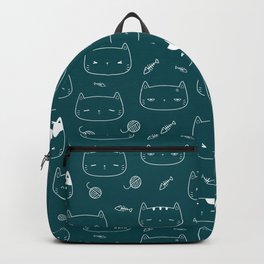 Teal Blue and White Doodle Kitten Faces Pattern Backpack