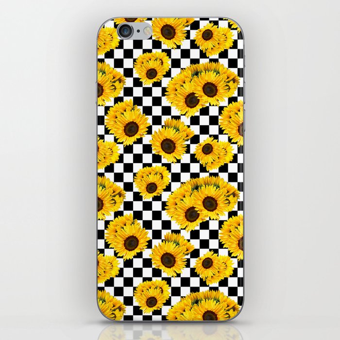 Yellow Sunflower Floral with Black and White Checkered Summer Print iPhone Skin