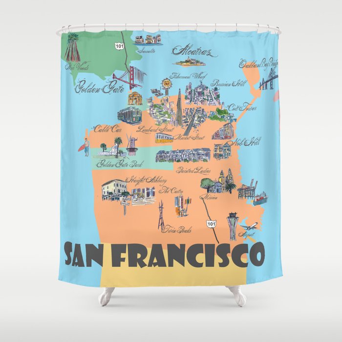 San Francisco Fine Art Print Retro Vintage Favorite Map with Touristic Highlights Active Shower Curtain