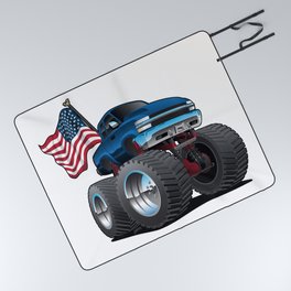 Monster Pickup Truck with USA Flag Cartoon Picnic Blanket