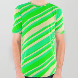 [ Thumbnail: Green, Lime, and Pale Goldenrod Colored Pattern of Stripes All Over Graphic Tee ]
