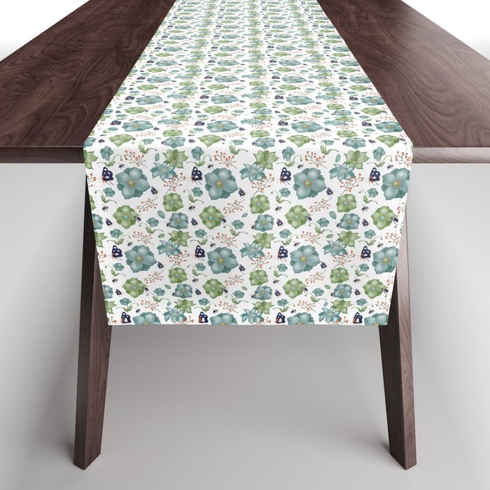 B&Bees Butterfly & Bees Pollinators and Flowers Pattern in White Table Runner