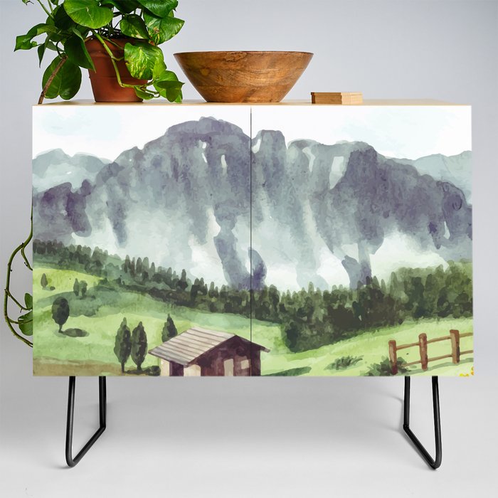 Green Nature Landscape With House And Mountain Watercolor Credenza