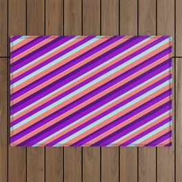 [ Thumbnail: Dark Violet, Turquoise, Salmon, and Indigo Colored Lined Pattern Outdoor Rug ]