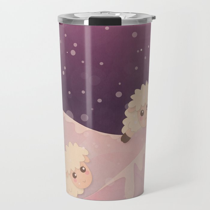 Cartoon Baby Sheep, Red Violet Snowy Bokeh Background Travel Mug