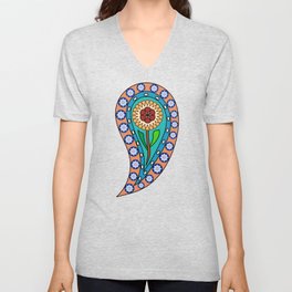 Persian Paisley Teardrop Flower V Neck T Shirt