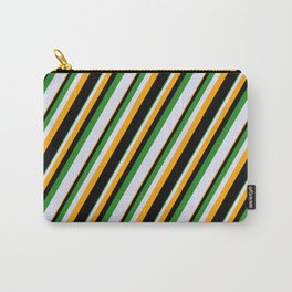 [ Thumbnail: Forest Green, Lavender, Orange & Black Colored Striped Pattern Carry-All Pouch ]