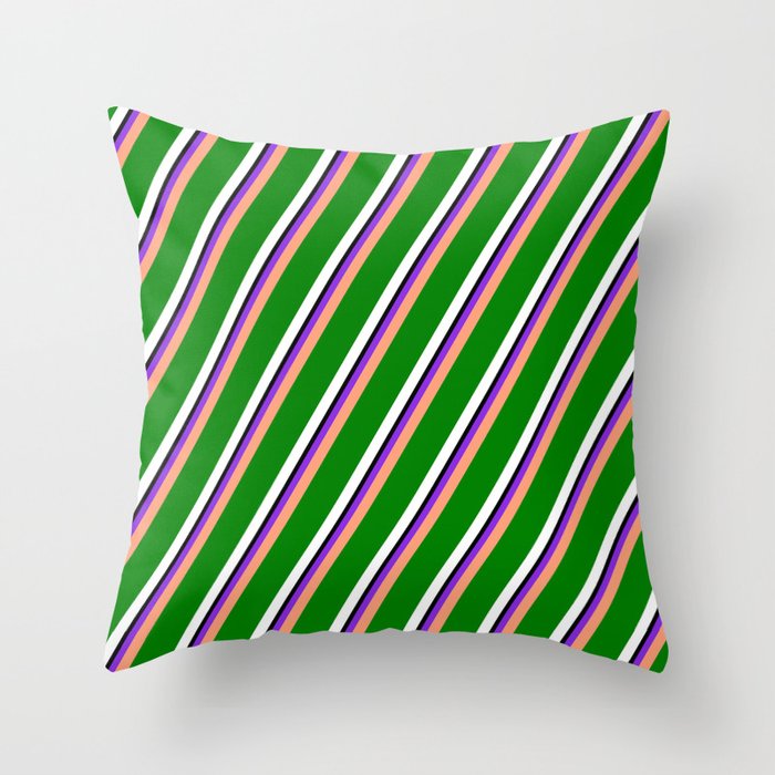 Purple, Light Salmon, Green, White, and Black Colored Striped/Lined Pattern Throw Pillow