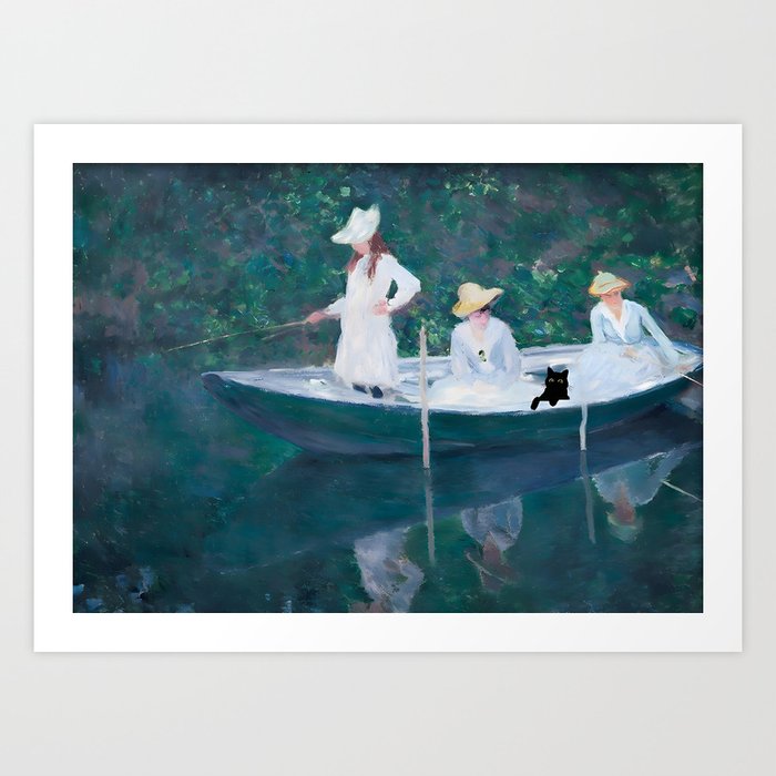 Black Cat Monet Funny Gift Boat Art Print