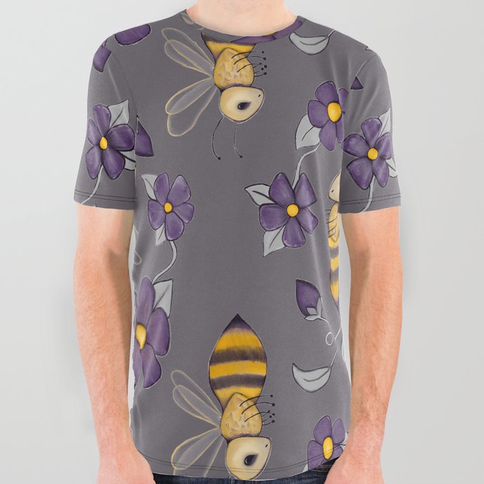 Bee Blossoms with gray All Over Graphic Tee