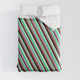 [ Thumbnail: Colorful Green, Violet, Brown, Black & White Colored Stripes Pattern Duvet Cover ]