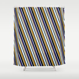 [ Thumbnail: Eyecatching Dark Goldenrod, Grey, Black, Light Cyan, and Midnight Blue Colored Stripes/Lines Pattern Shower Curtain ]