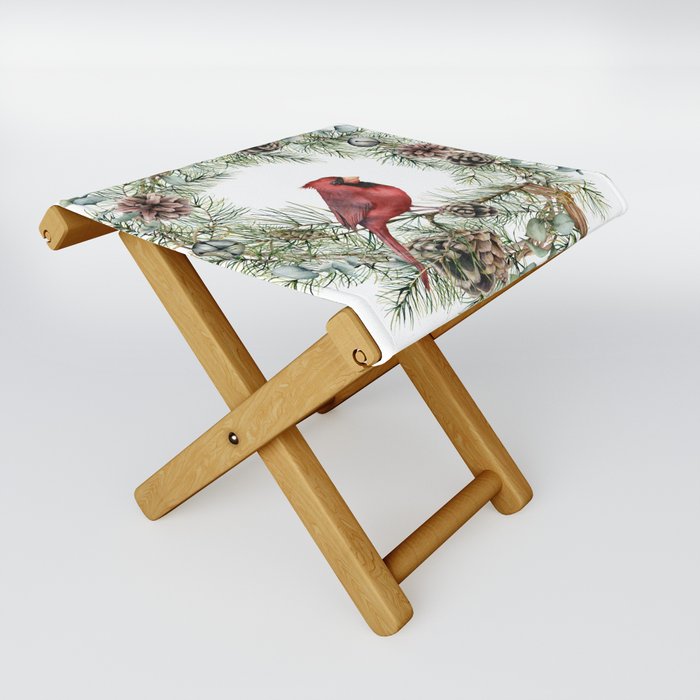 Cardinal Christmas Wreath, Floral Prints Folding Stool