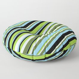 [ Thumbnail: Colorful Green, Light Cyan, Dark Olive Green, Sky Blue & Black Colored Lines/Stripes Pattern Floor Pillow ]