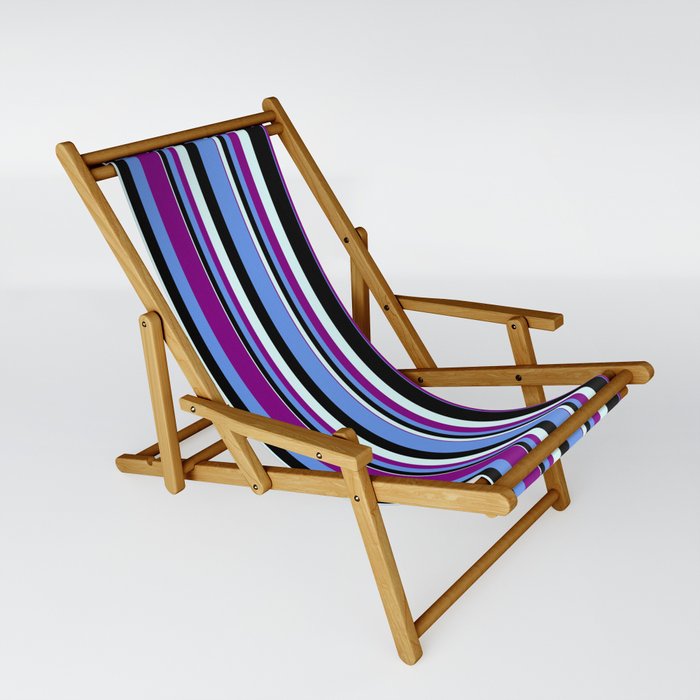 Cornflower Blue, Purple, Light Cyan, and Black Colored Stripes Pattern Sling Chair