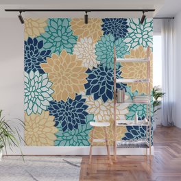 Dahlia Floral Blooms, Navy, Teal, Yellow and White Wall Mural