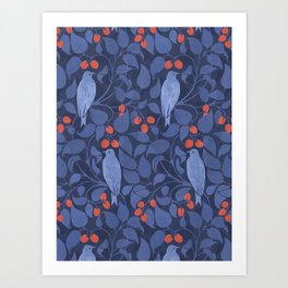 Blue Birds And Red Cherries Blue Art Print