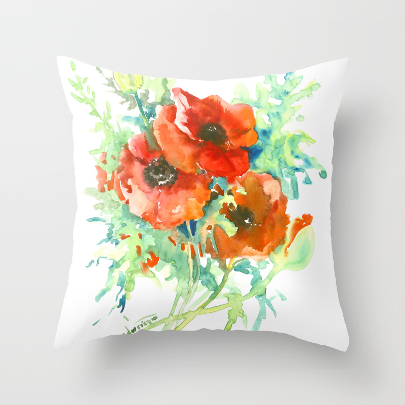 Red Poppies Flowers French Country Style Field Throw Pillow Red Poppies Flowers French Country Style Field Throw Pillow