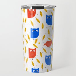 Autumn Orange and Blue Owl and Yellow Leaves on a White Background pattern Travel Mug
