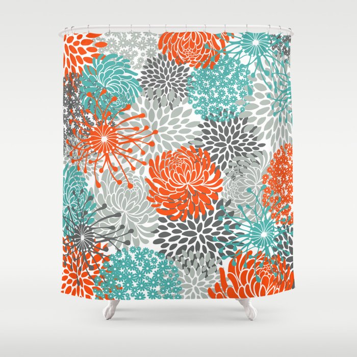 Orange and Teal Floral Abstract Print Shower Curtain