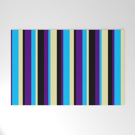 [ Thumbnail: Deep Sky Blue, Indigo, Black, and Pale Goldenrod Colored Pattern of Stripes Welcome Mat ]