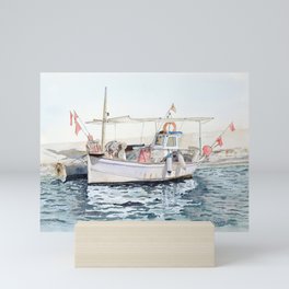 The Fishing Boat Mini Art Print | Pure, Delicate, Water, Sail, Watercolour, Beautiful, Fish, Pastel, Painting, Mediterranean 