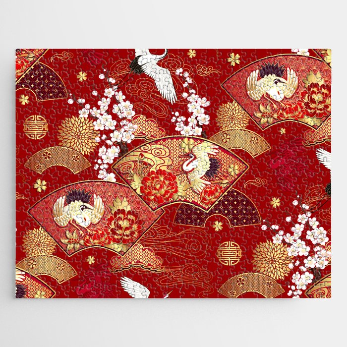 Spring Japanese background with fans and cranes Jigsaw Puzzle
