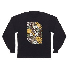 Boho garden // expresso brown background sage green yellow ivory and white flowers  Long Sleeve T-shirt
